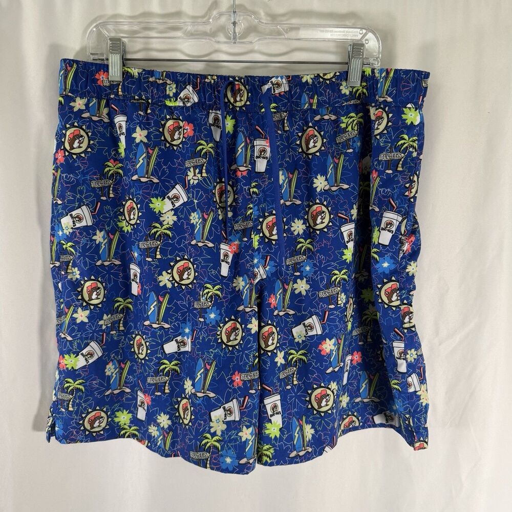 Bucees Swim Trunks Men's 2X Blue Lined Drawstring 7" Inseam Hawaiian